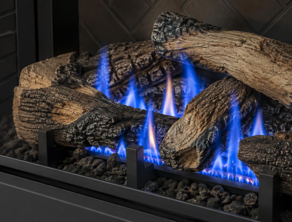 Illustrative close view of blue gas flames over ceramic logs