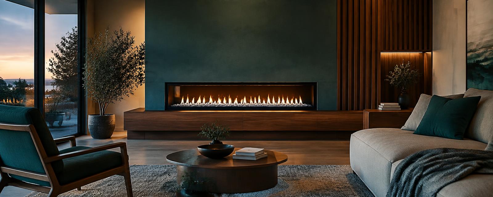 Illustrative modern linear gas fireplace glowing in a living room at dusk