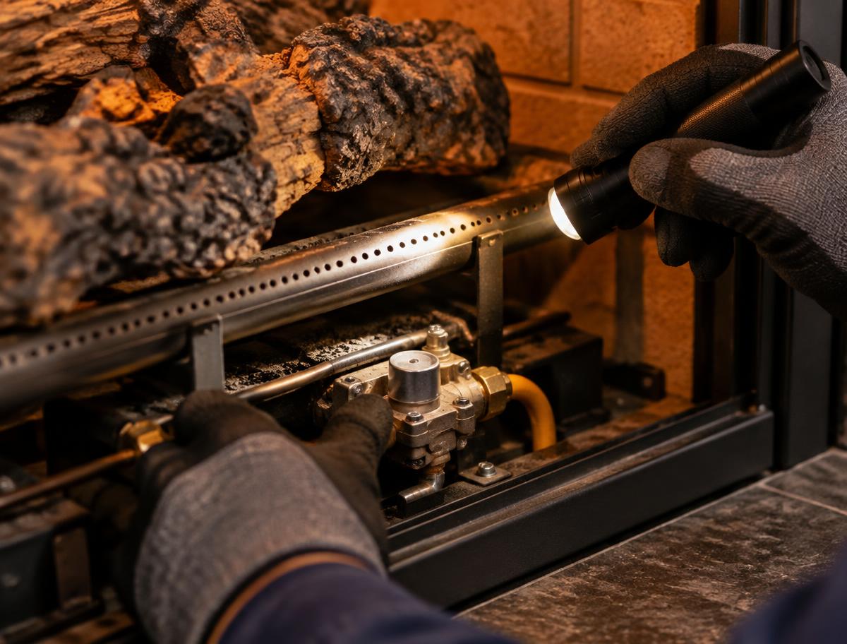 Illustrative close view of gloved hands checking a gas fireplace burner with a flashlight