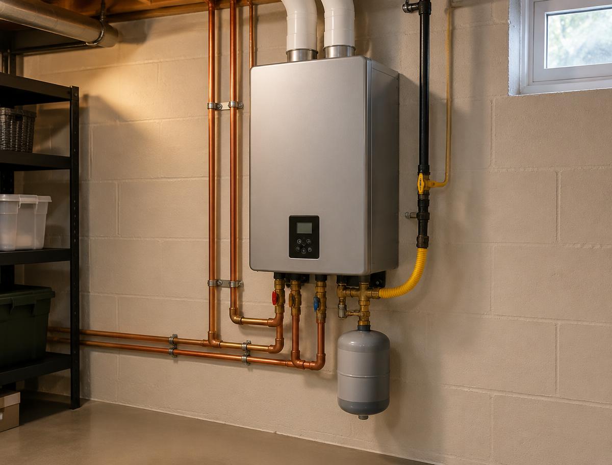 Illustrative wall mounted tankless water heater in a basement utility room